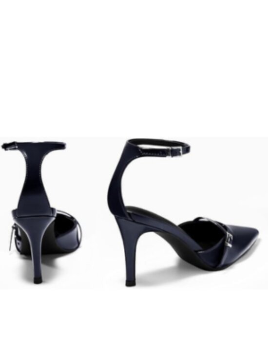 Coutgo Women's Navy Closed Pointed Toe Ankle Buckle Strap Pumps High Heels - Picture 4 of 5